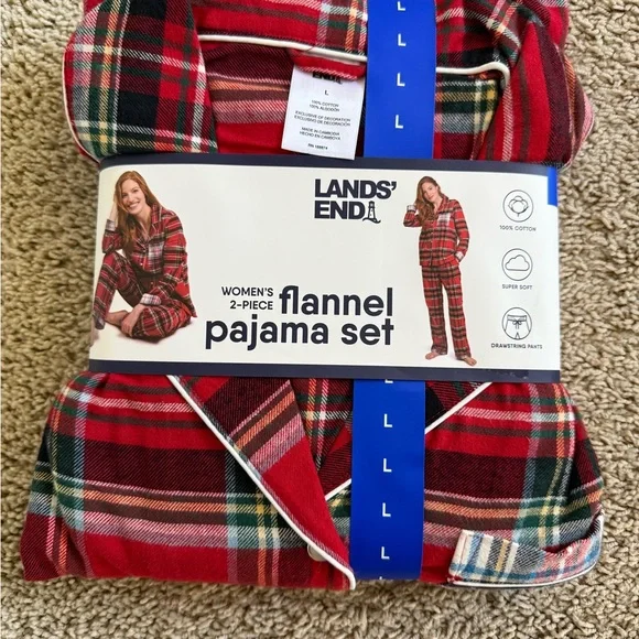 NWT Lands' End Women's 2 Piece Flannel Pajama Set Red Plaid Size Large - Picture 4 of 5